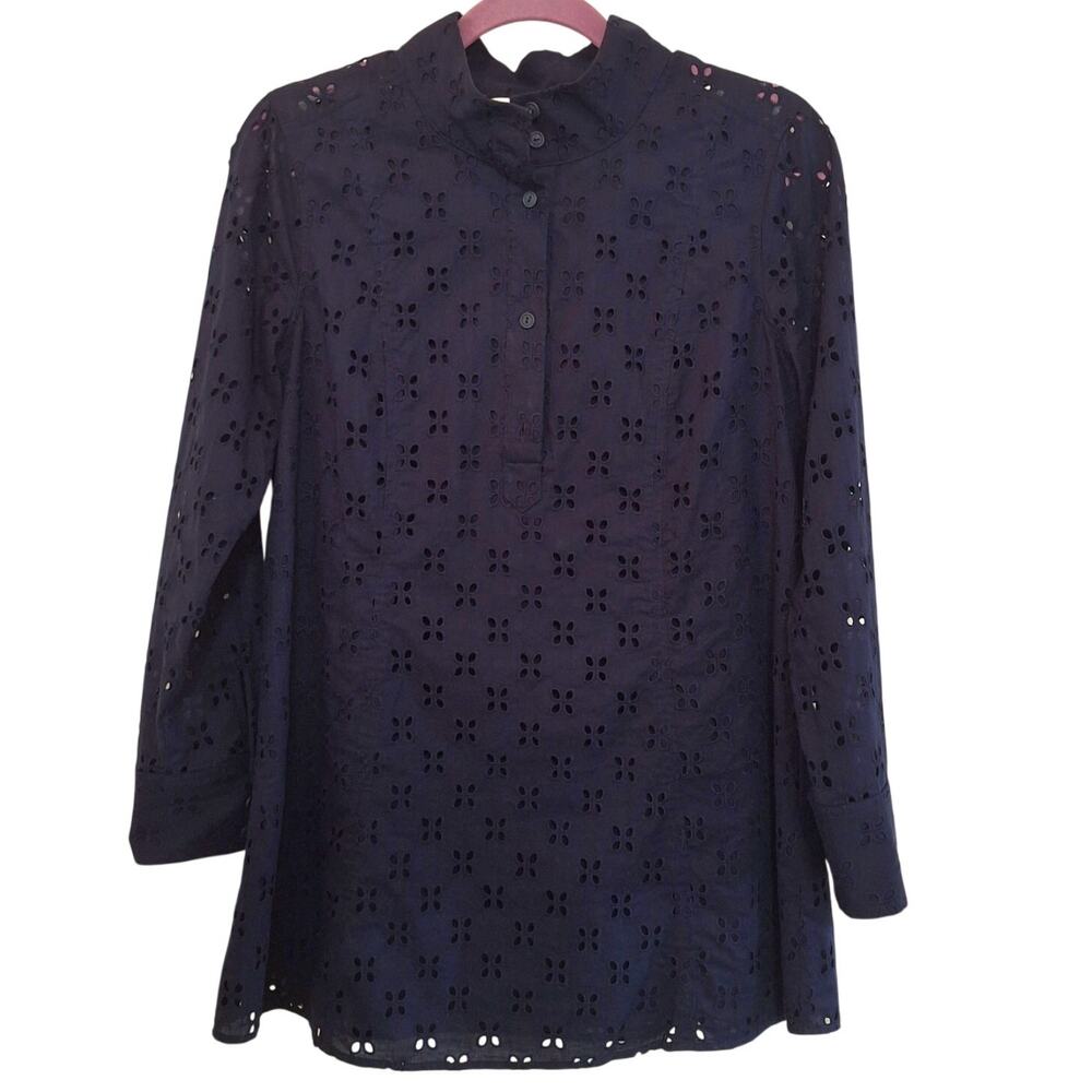 Soft Surroundings navy blue laser cut 100% cotton tunic top blouse womens small